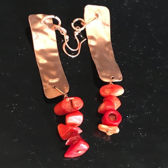 Conceptual Subculture Jewelry - Pure Copper Earrings Red Coral Drop Dangle Handmade one of a Kind Gift Statement